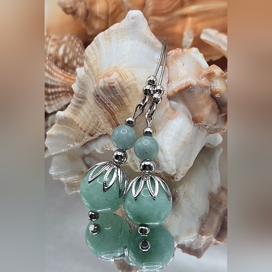 Elegant Silver And Green Beaded Earrings 18$